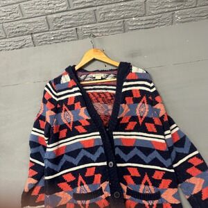 Lucky Brand Southwestern Hooded Cardigan Sweater Navy Blue Coral Geometric M